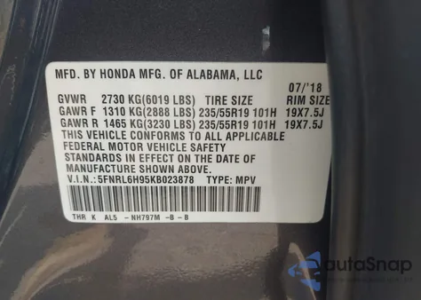 2019 Honda Odyssey Elite from USA, damaged, VIN 5FNRL6H95KB023878